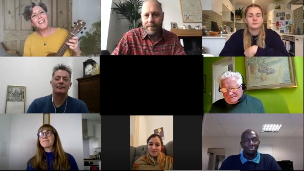 Group of participants singing in a videocall
