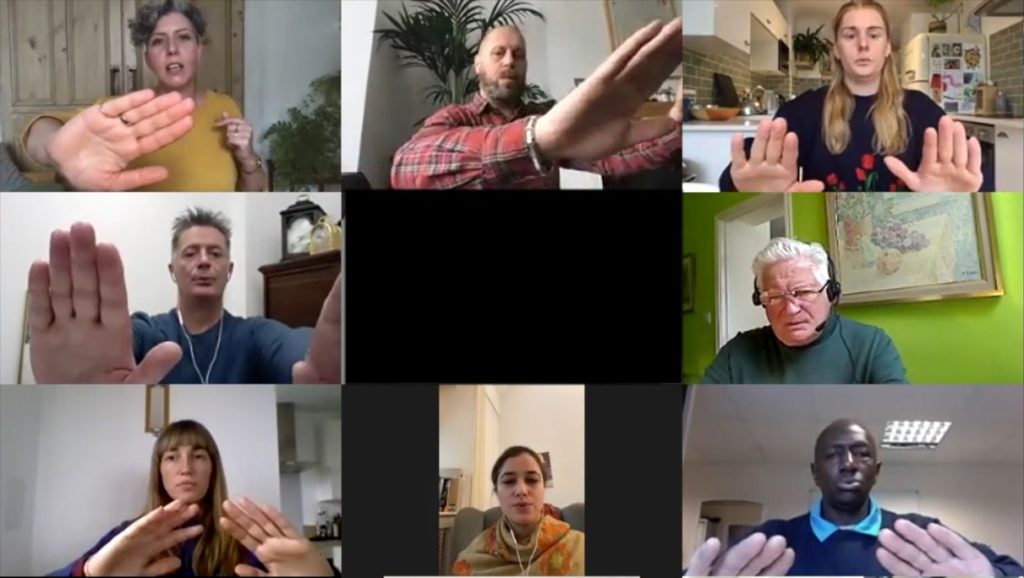 Group of participants doing singing exercises in a videocall